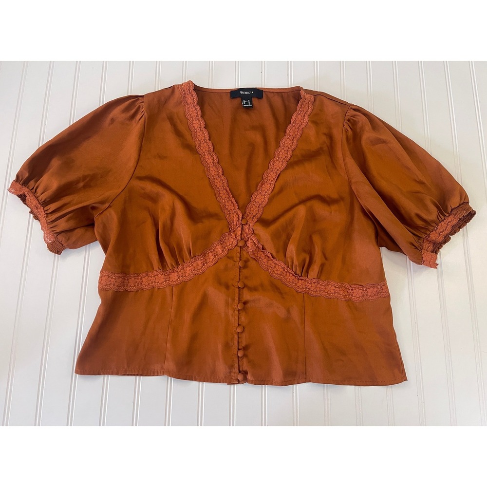Forever 21+ Rust Satin Lace Trim Puff Sleeve Button Front Blouse 1X Milkmaid